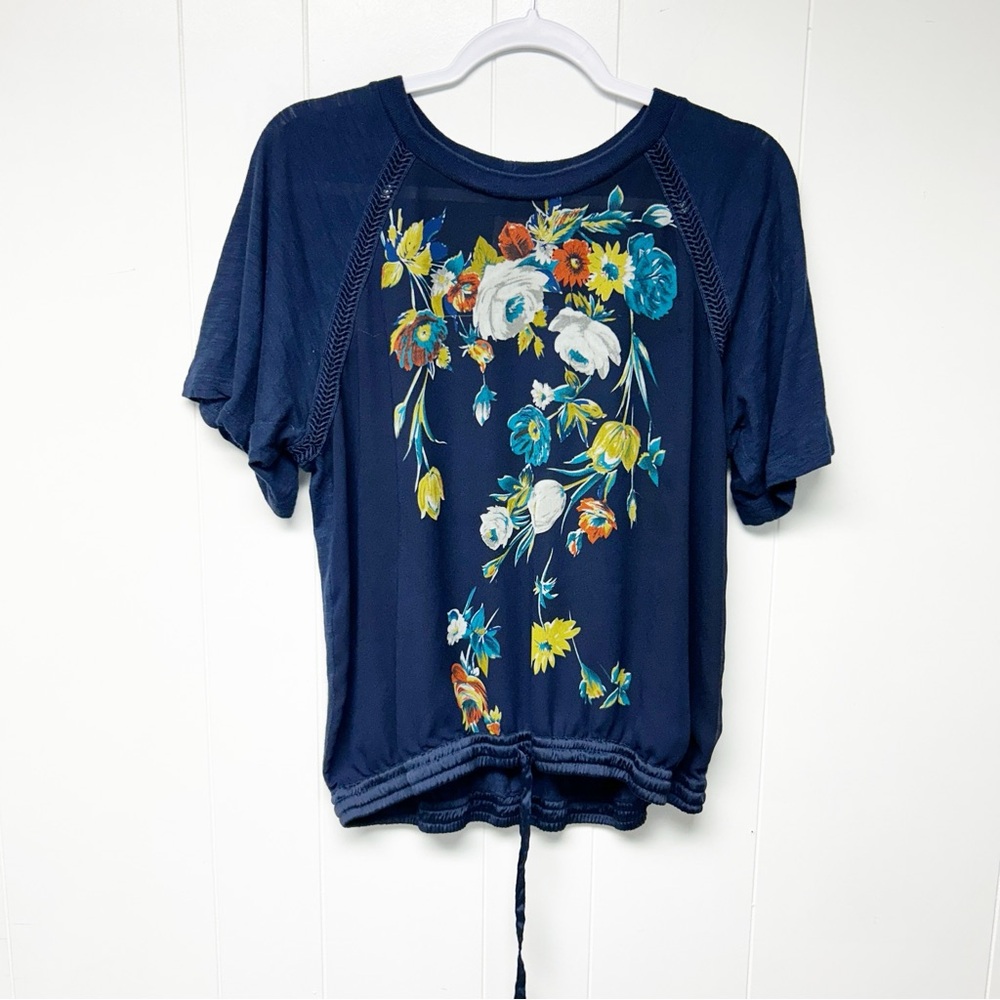 Anthropologie Navy Floral Drawstring Short Sleeve Top